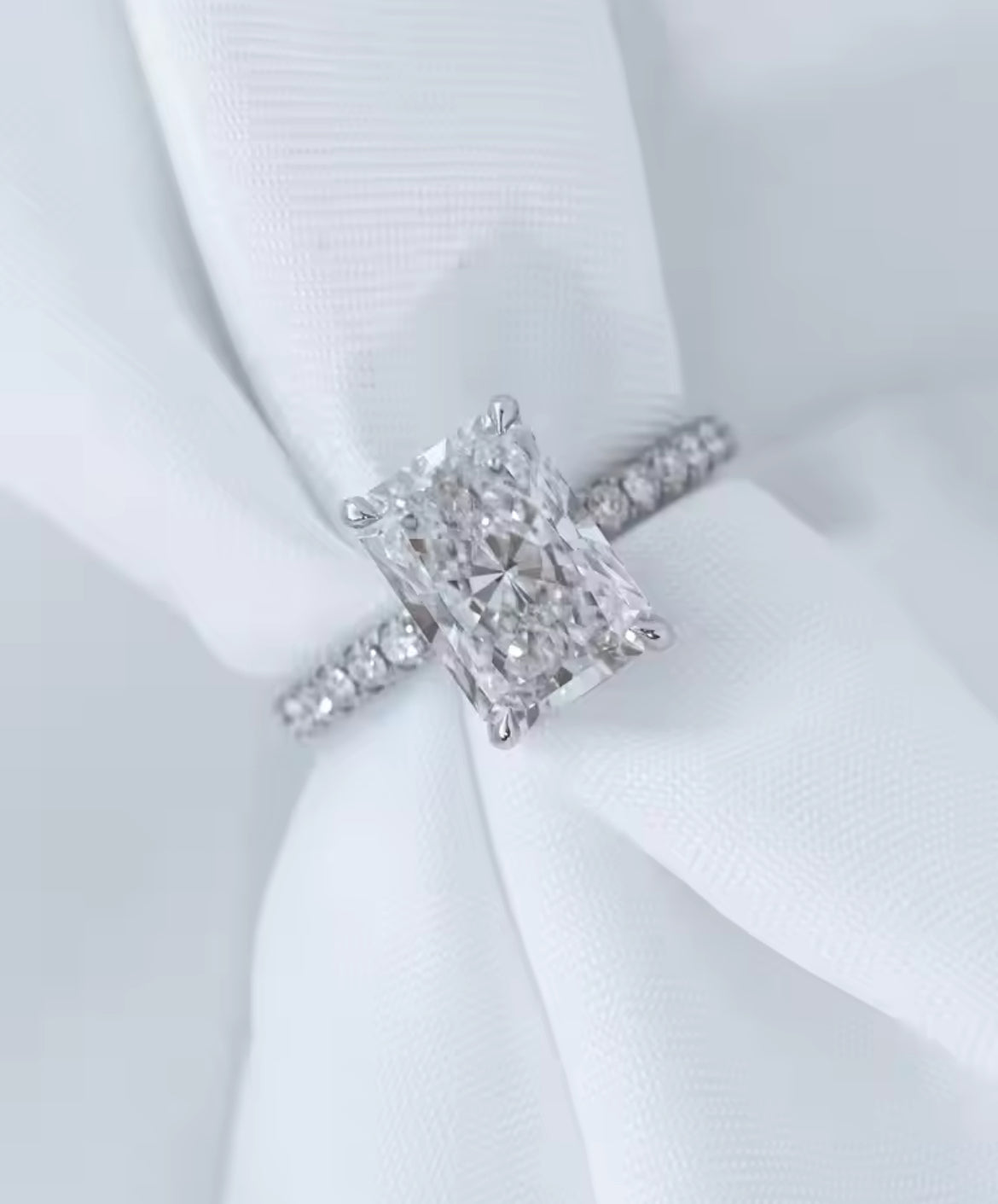 3.5 Carat Radiant Cut Crushed Ice Moissanite Ring, pave band