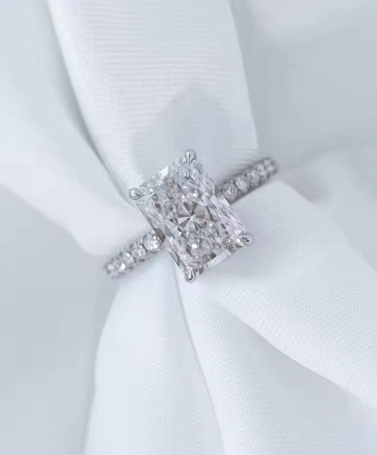 3.5 Carat Radiant Cut Crushed Ice Moissanite Ring, pave band