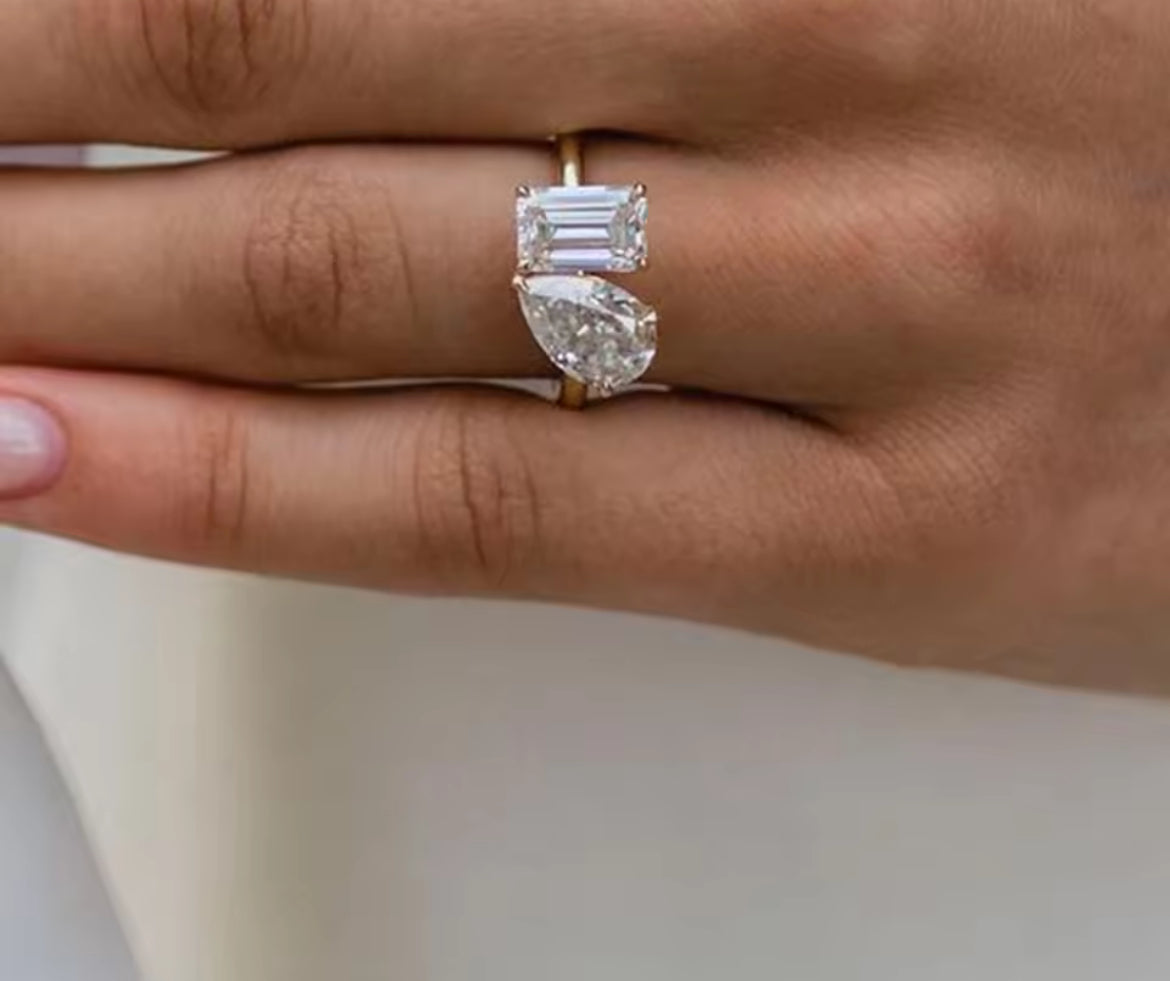 2.5ct pear and 2ct emerald Moissanite Ring