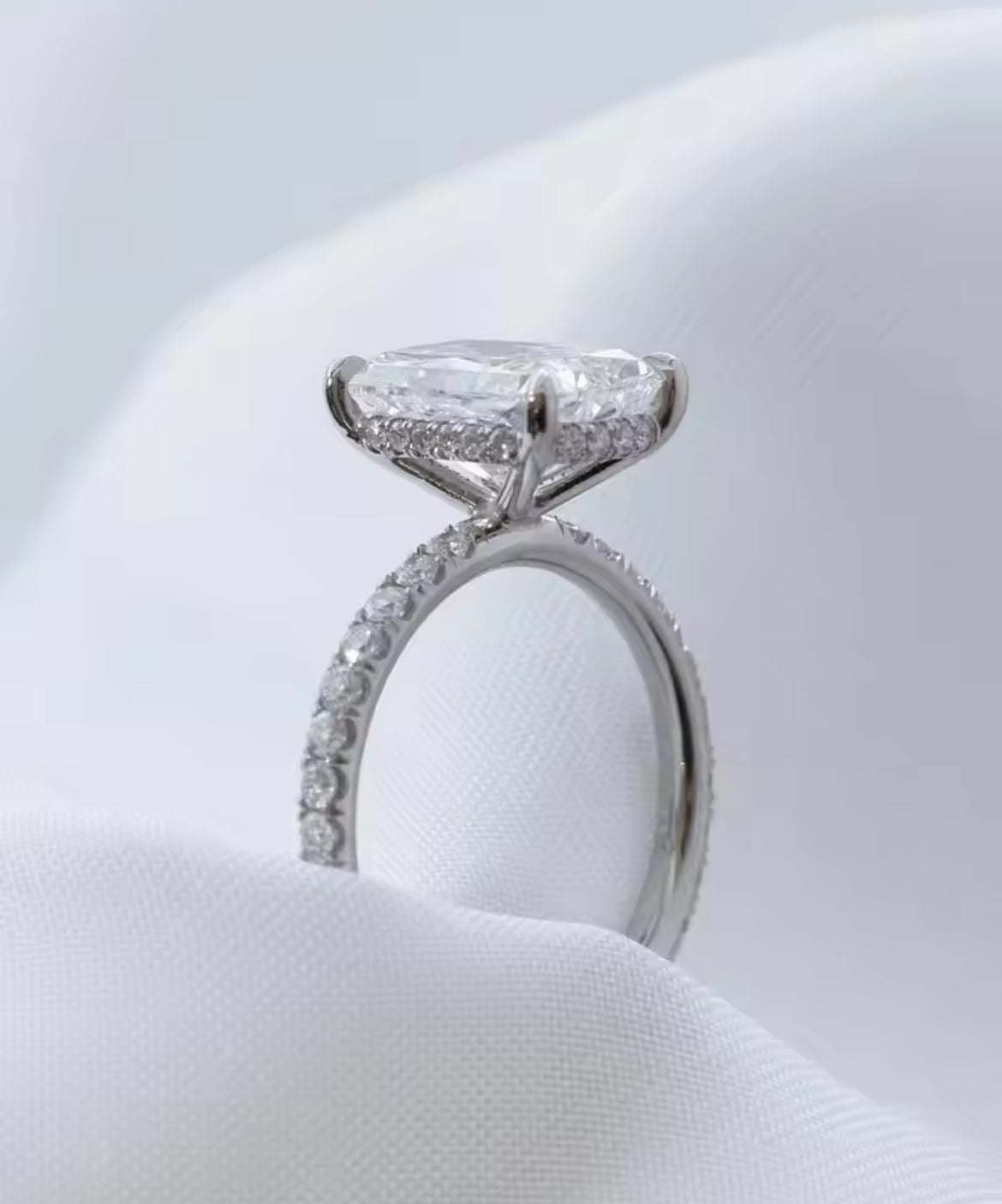 3.5 Carat Radiant Cut Crushed Ice Moissanite Ring, pave band