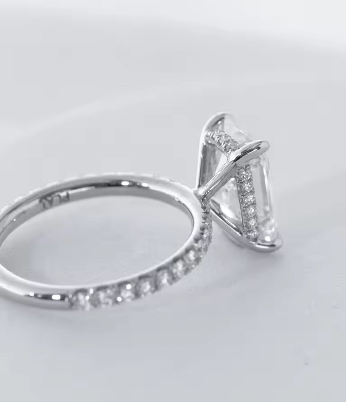 3.5 Carat Radiant Cut Crushed Ice Moissanite Ring, pave band