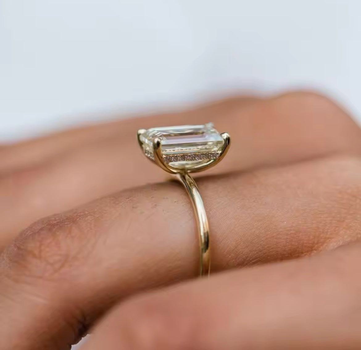 3.5 Carat Elongated Emerald Cut Moissanite Ring, Hidden Halo