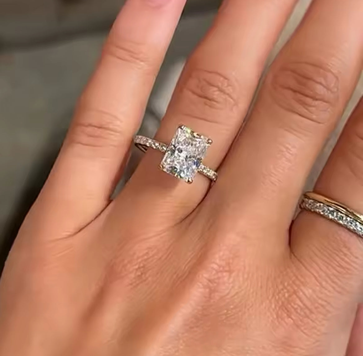 3 Carat Radiant Cut Crushed Ice Moissanite Ring, pave band