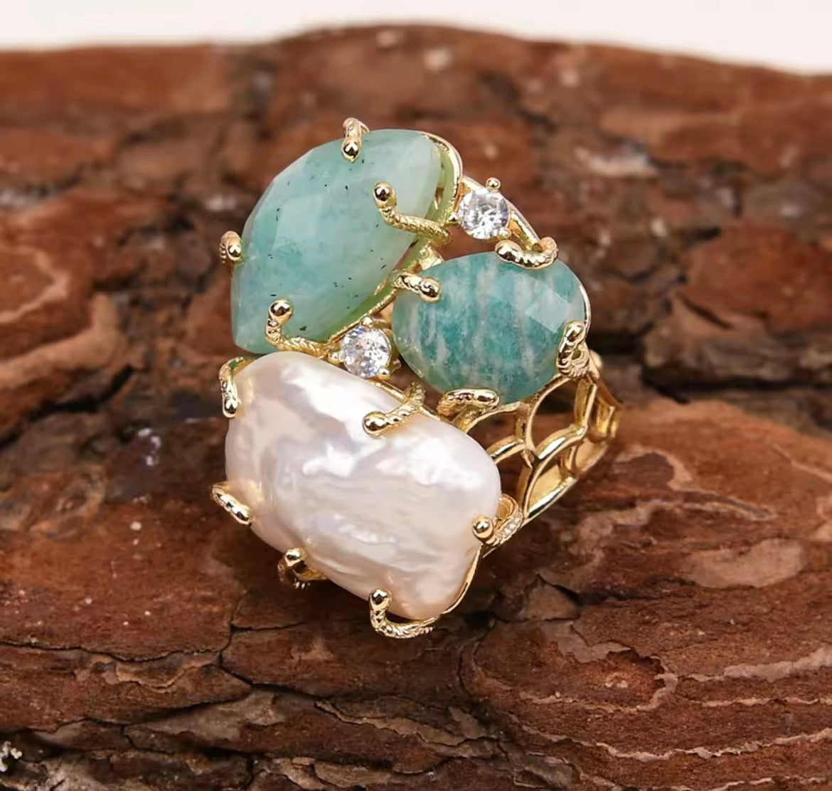 Blue Amazonite  & keshi pearl ring