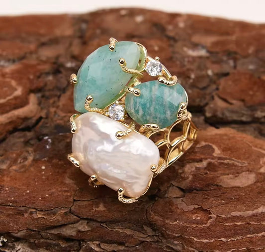Blue Amazonite  & keshi pearl ring