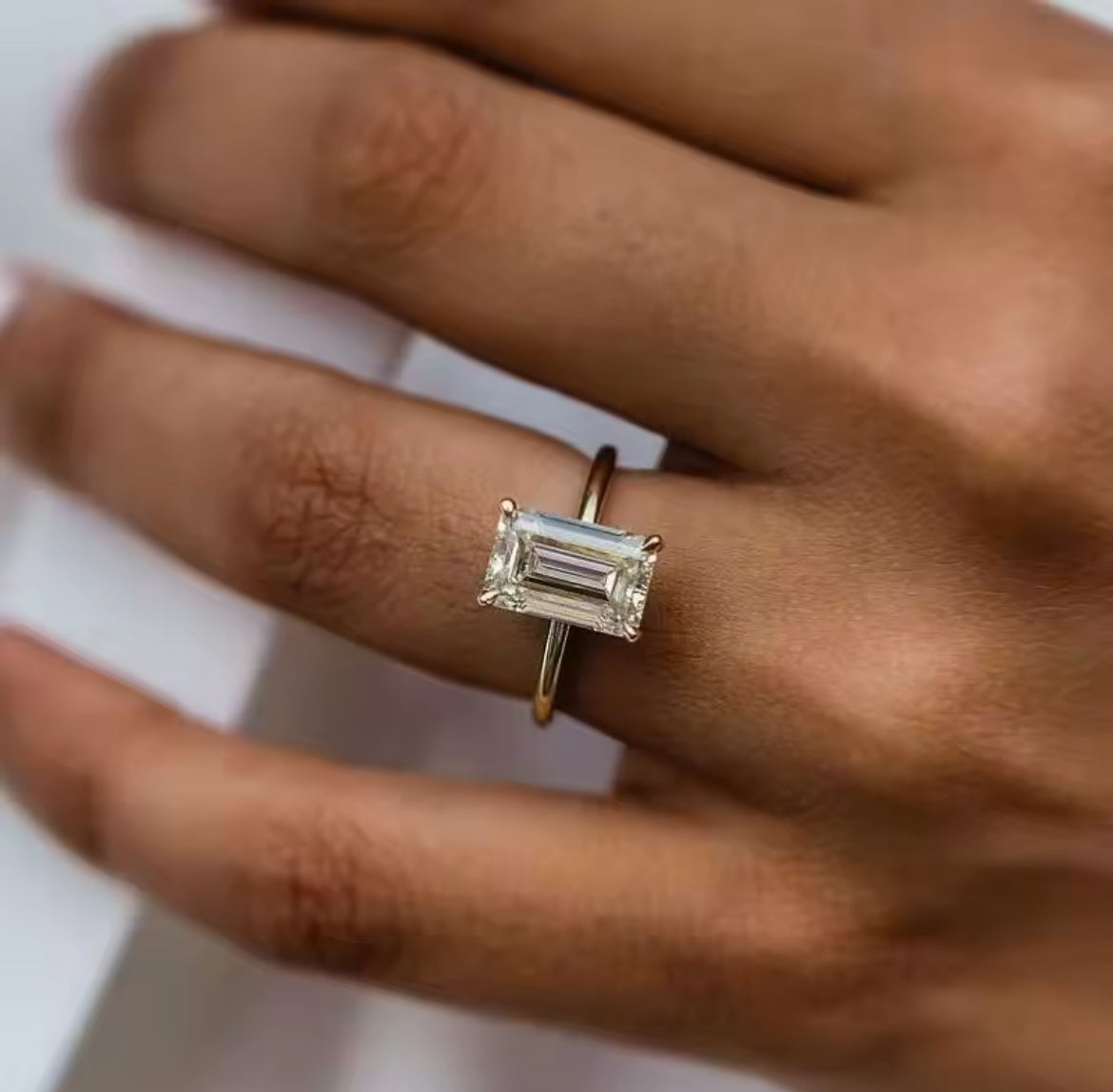 3.5 Carat Elongated Emerald Cut Moissanite Ring, Hidden Halo