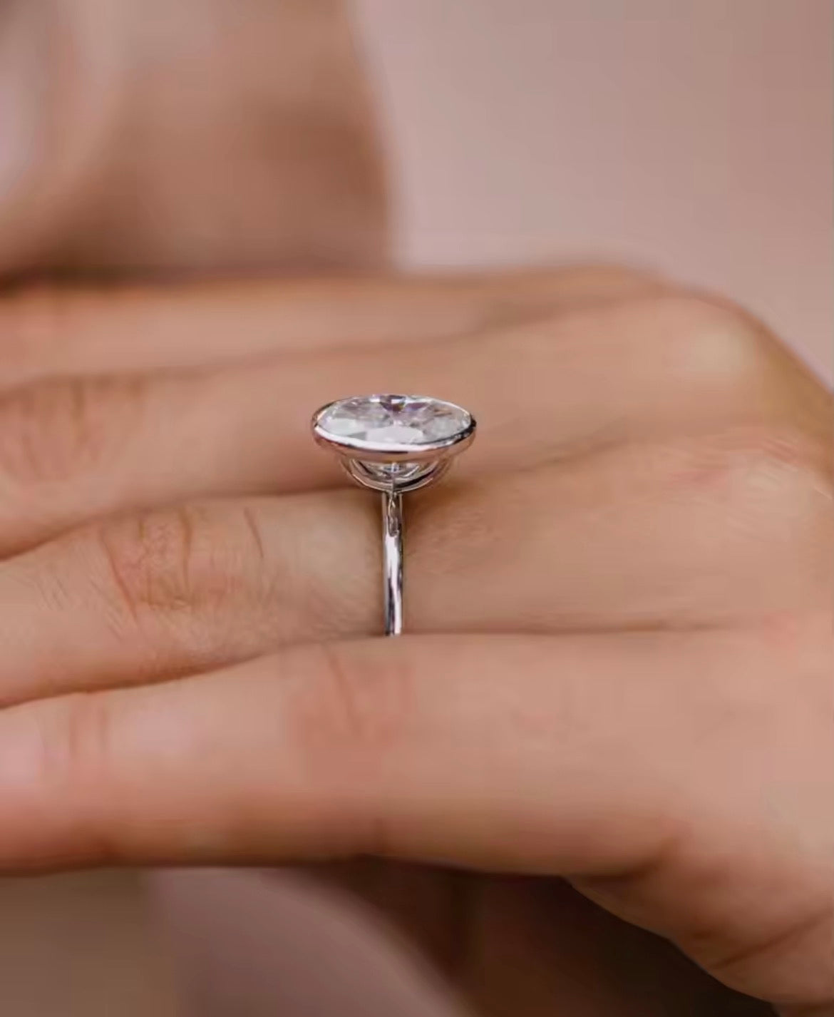 3 Carat Oval bezel set Moissanite Ring, Crushed Ice