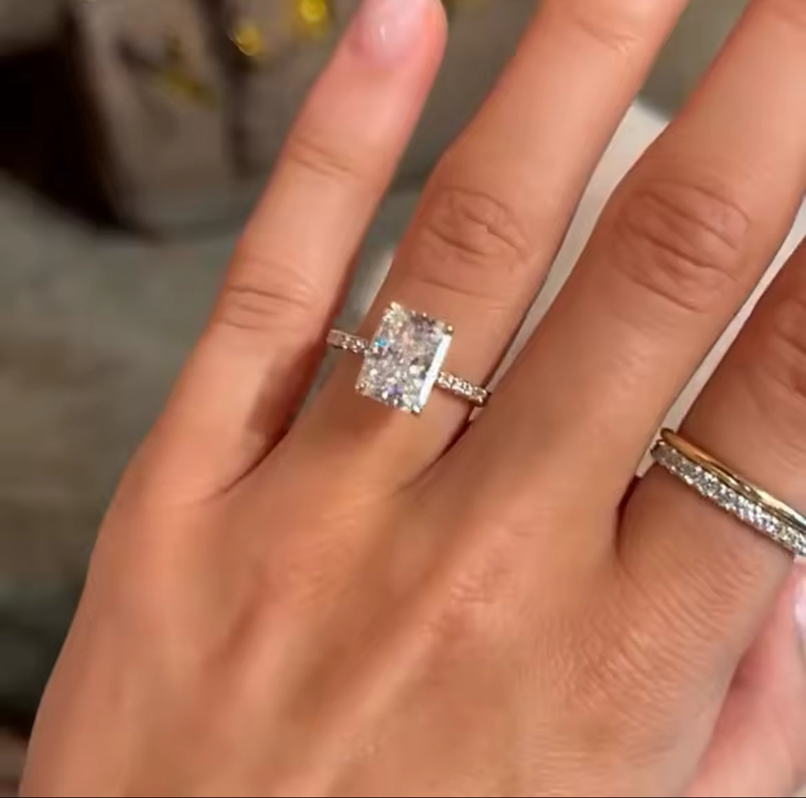 3 Carat Radiant Cut Crushed Ice Moissanite Ring, pave band