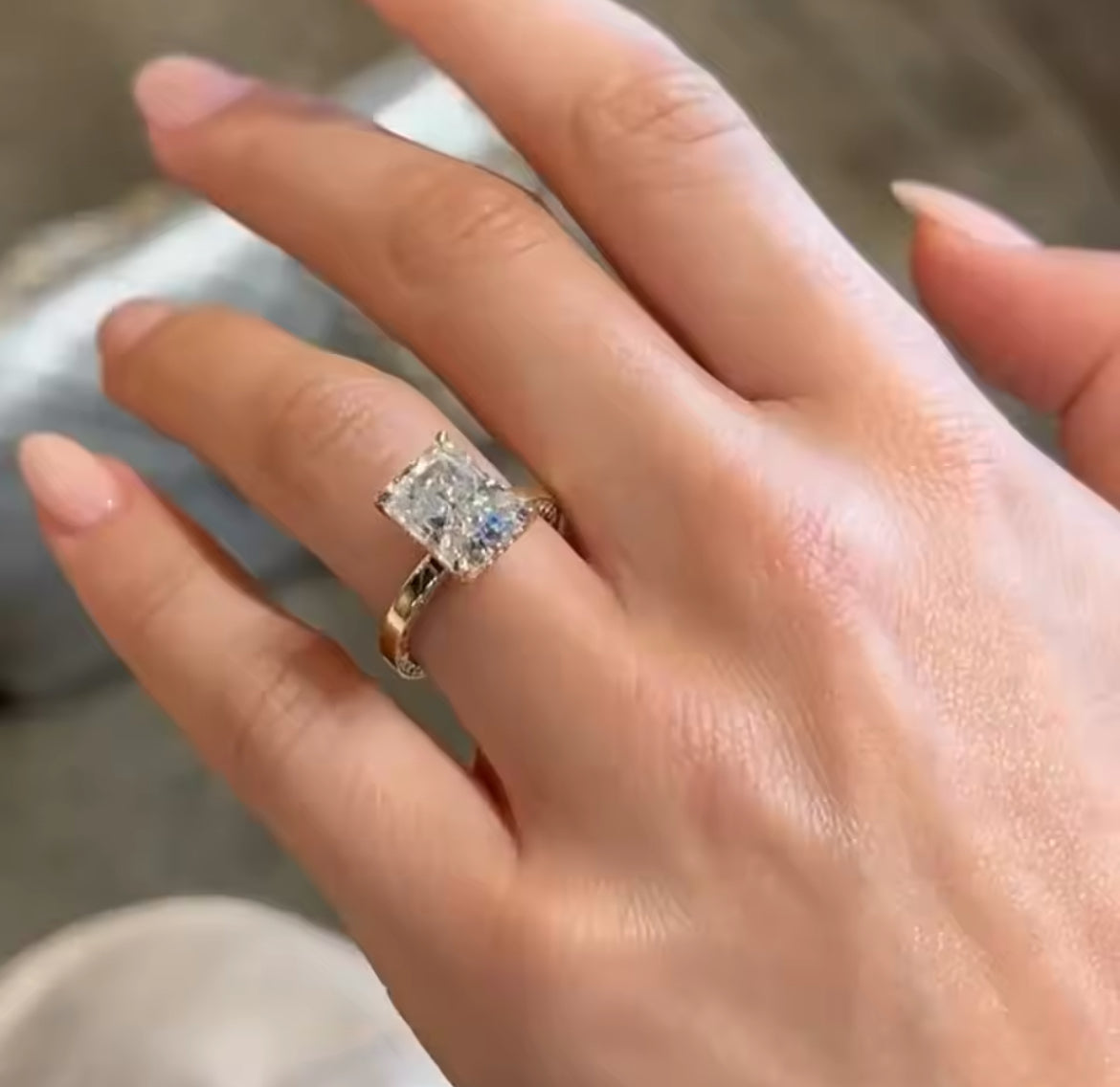 4 Carat Radiant Cut Moissanite Ring, Crushed Ice