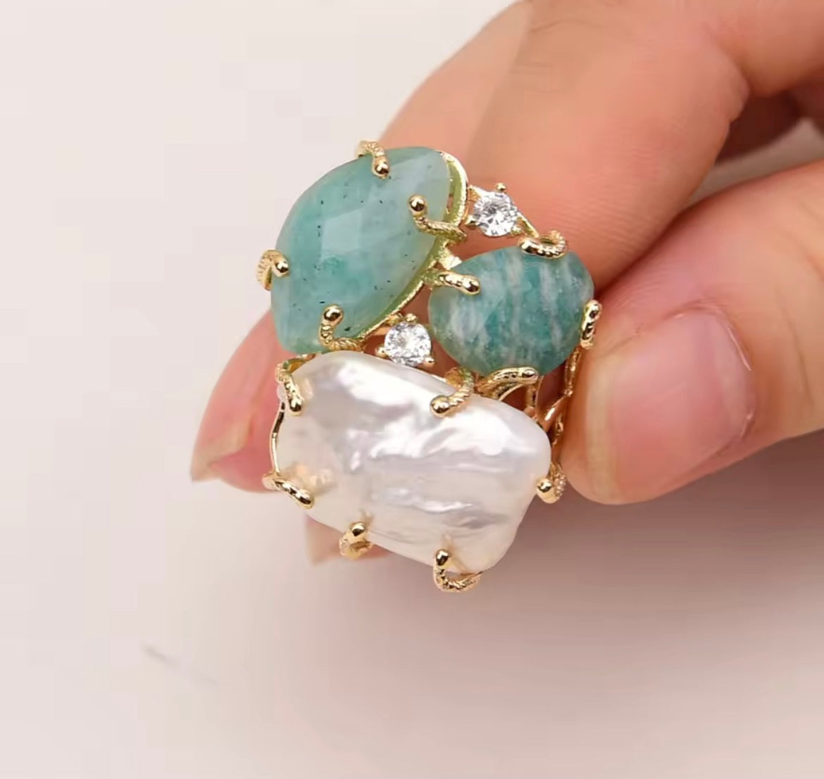 Blue Amazonite  & keshi pearl ring