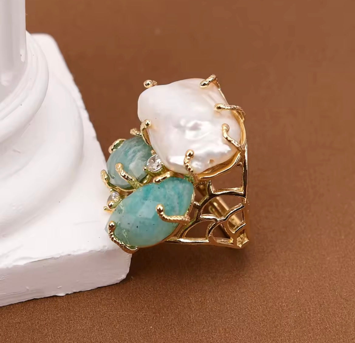 Blue Amazonite  & keshi pearl ring