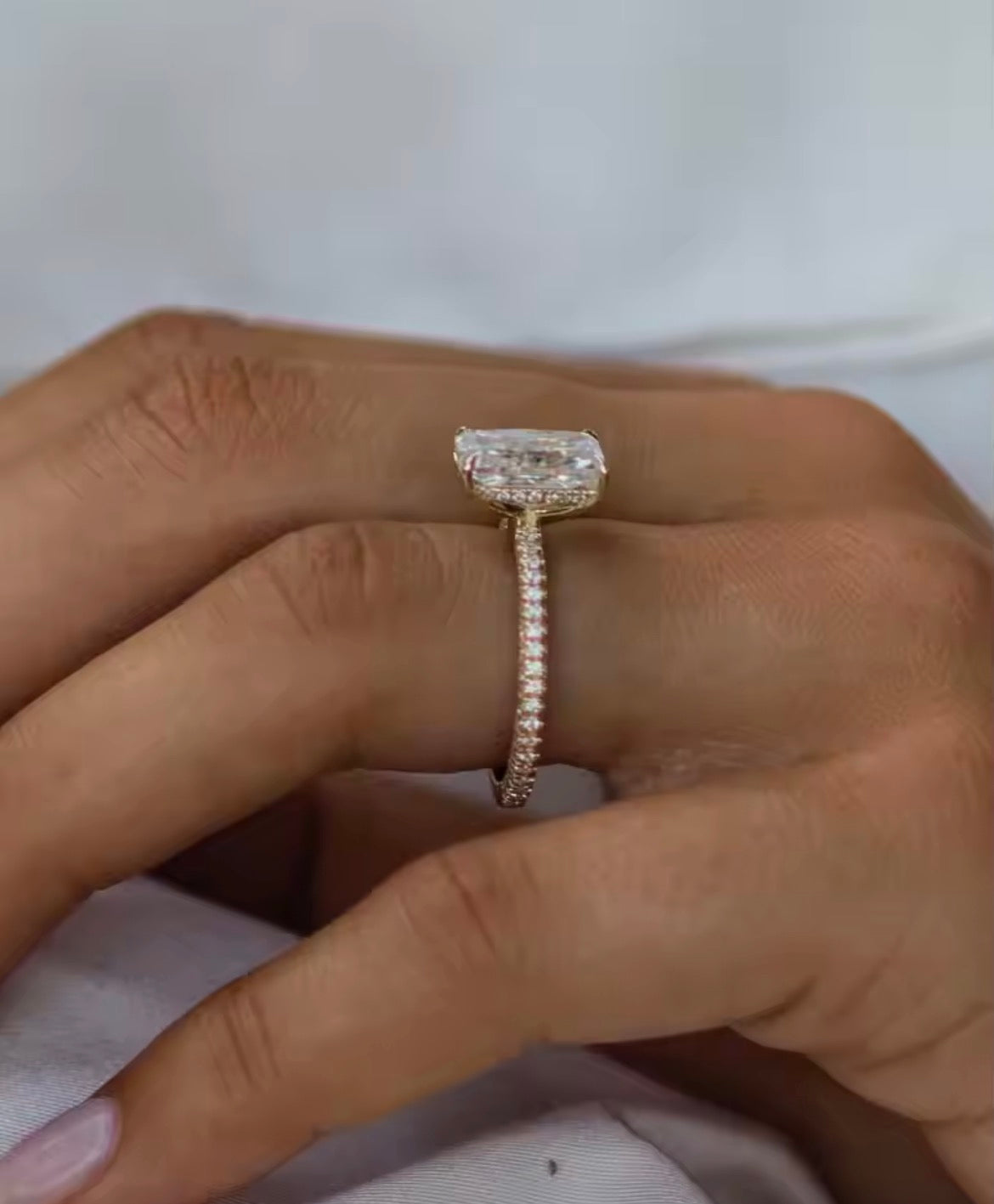 3 Carat elongated cushion Moissanite Ring, Crushed Ice