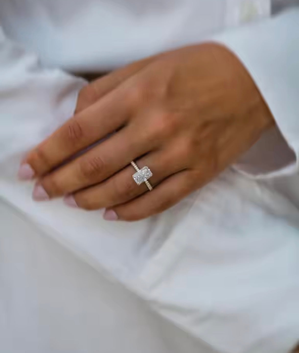3 Carat elongated cushion Moissanite Ring, Crushed Ice