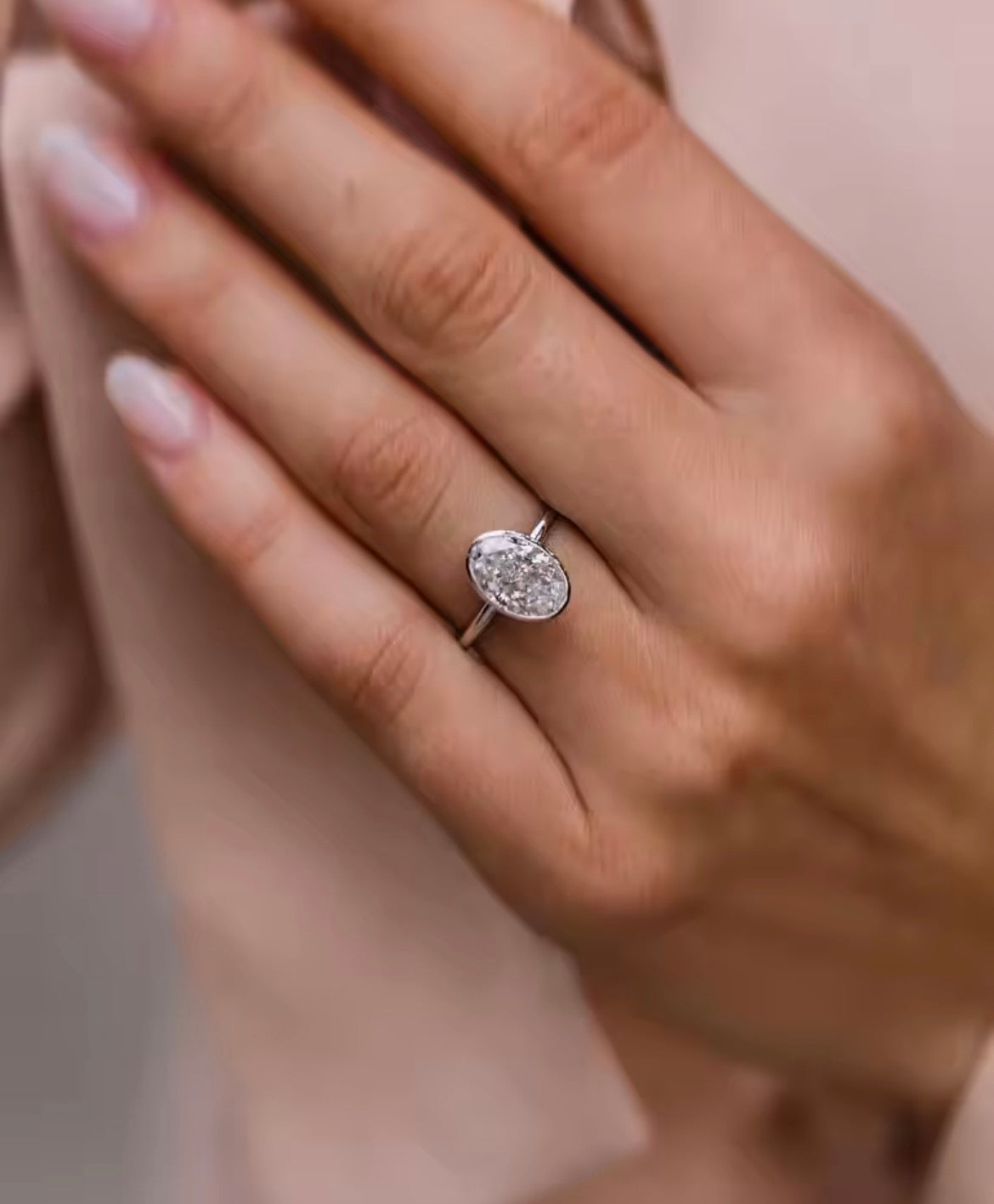 3 Carat Oval bezel set Moissanite Ring, Crushed Ice