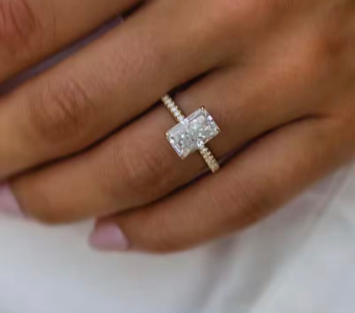 3 Carat elongated cushion Moissanite Ring, Crushed Ice