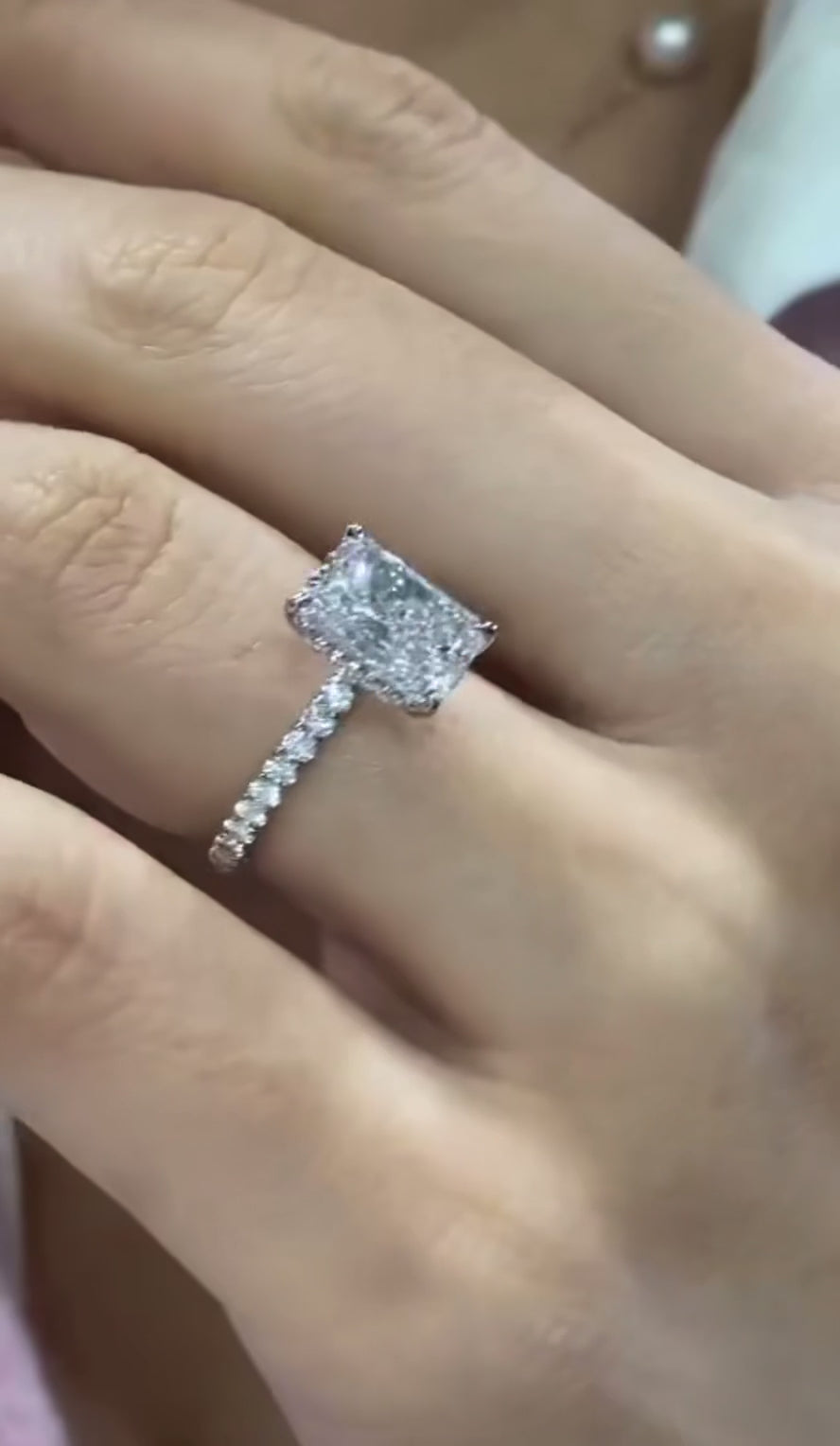 3.5 Carat Radiant Cut Crushed Ice Moissanite Ring, pave band